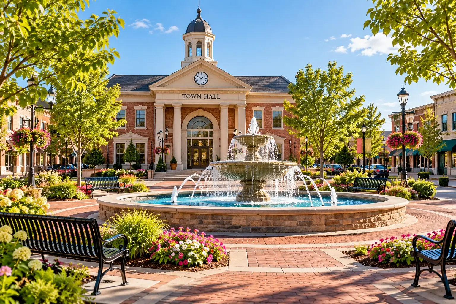 Community town hall and public square with fountain, park benches, landscaping, and gathering spaces